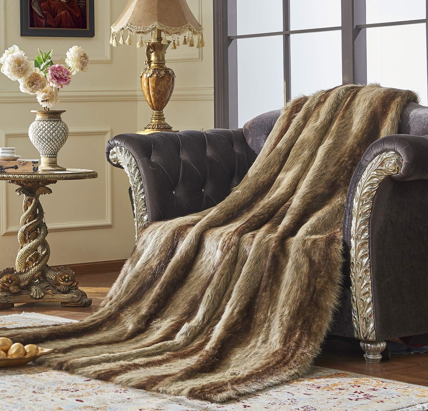 Lindsey Home Fashion Faux Fur Throw, Blankets for Bed Super Soft Fiber, Mink, Wolf, Bear, Coyote, 60"x84", 60"x70", 60"x60" (60x70(INCH), Bear-Grey/Brown)