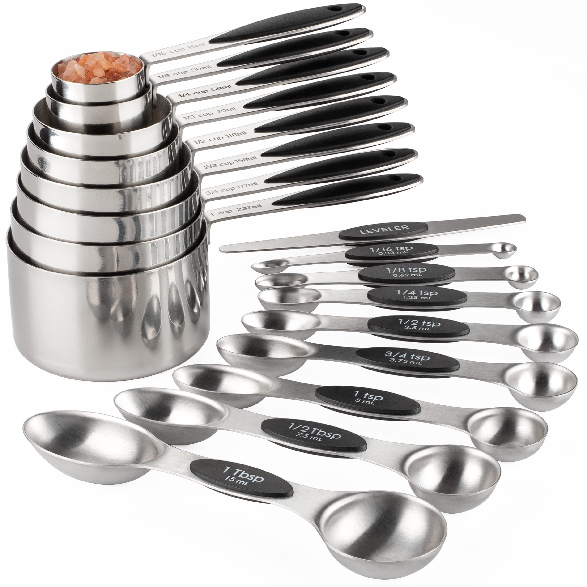 Measuring Cups and Spoons Set Stainless Steel Includes 8 Heavy Duty Measuring Cups 8 Double Sided Magnetic Measuring Spoons and 1 Leveler for Dry and Liquid Ingredients