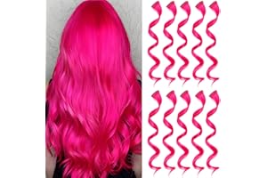 Olldag 10 Pcs Colored Hot Pink Hair Extensions,17 Inch Clip in Hair Extensions Party Highlights Curly Wavy Synthetic Hairpieces for Women Kids Girls (10 Pcs-Hot Pink)