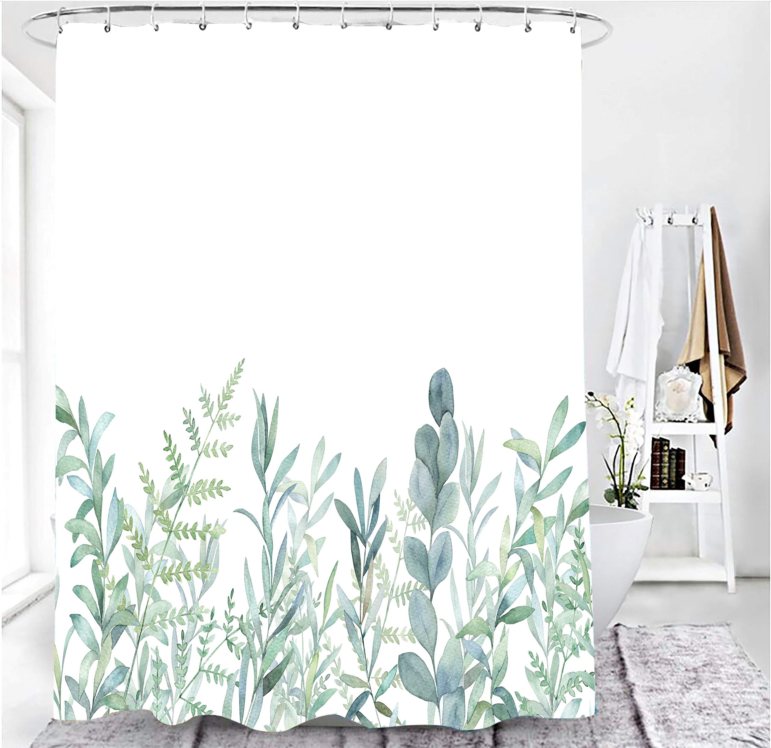 M&W DAS DESIGN Shower Curtain Green Leaves Flowers Plants Bathroom Textile Curtain with Anti-Mould Effect Washable Shower Curtain Bath Tub Including 12 C-Rings with Weight Bottom 180 x 200 cm