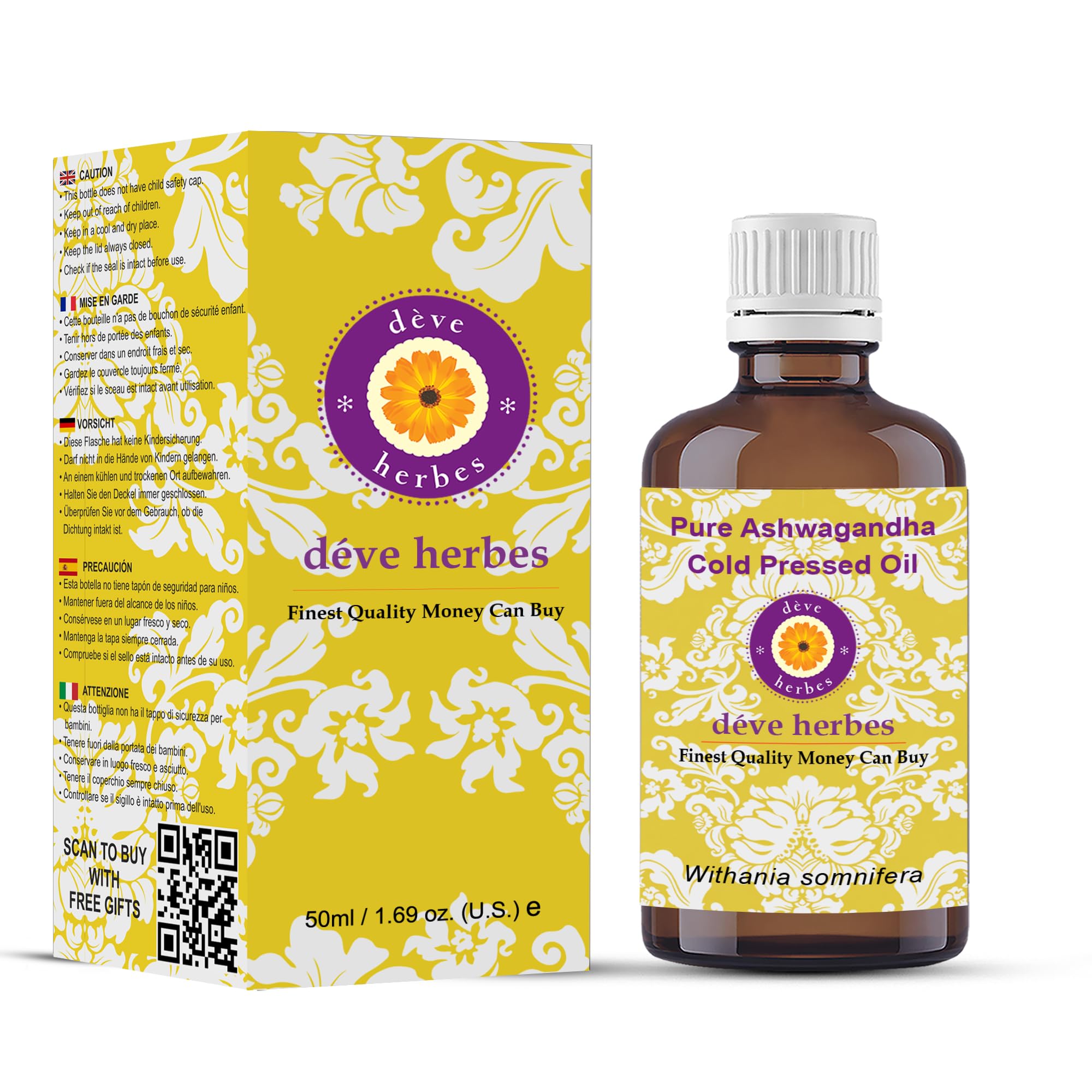 Deve Herbes Pure Ashwagandha Oil (Withania somnifera) Non-Sticky | Non-Greasy | for Hair, Skin, Massage & DIY Use 50ml