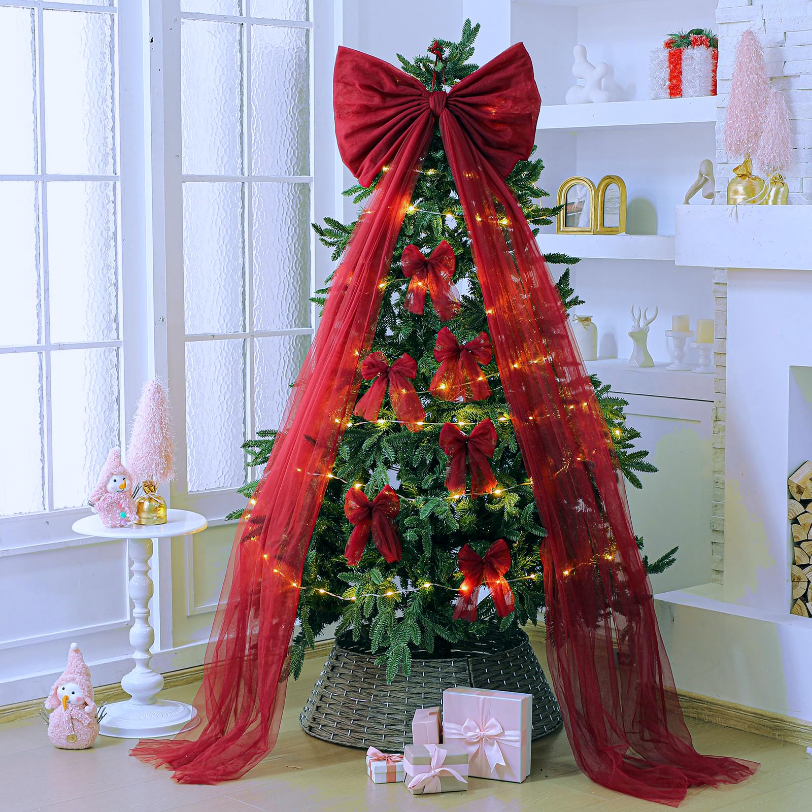 Photo 1 of Daifunli Extra Large Mesh Christmas Tree Topper Bow 21.65 x 78.74 in with 12 Small Mesh Bow Decor Christmas Tree Topper Wreath Bows for Xmas Home Wedding Car Holiday Decor Supplies(Burgundy Red)