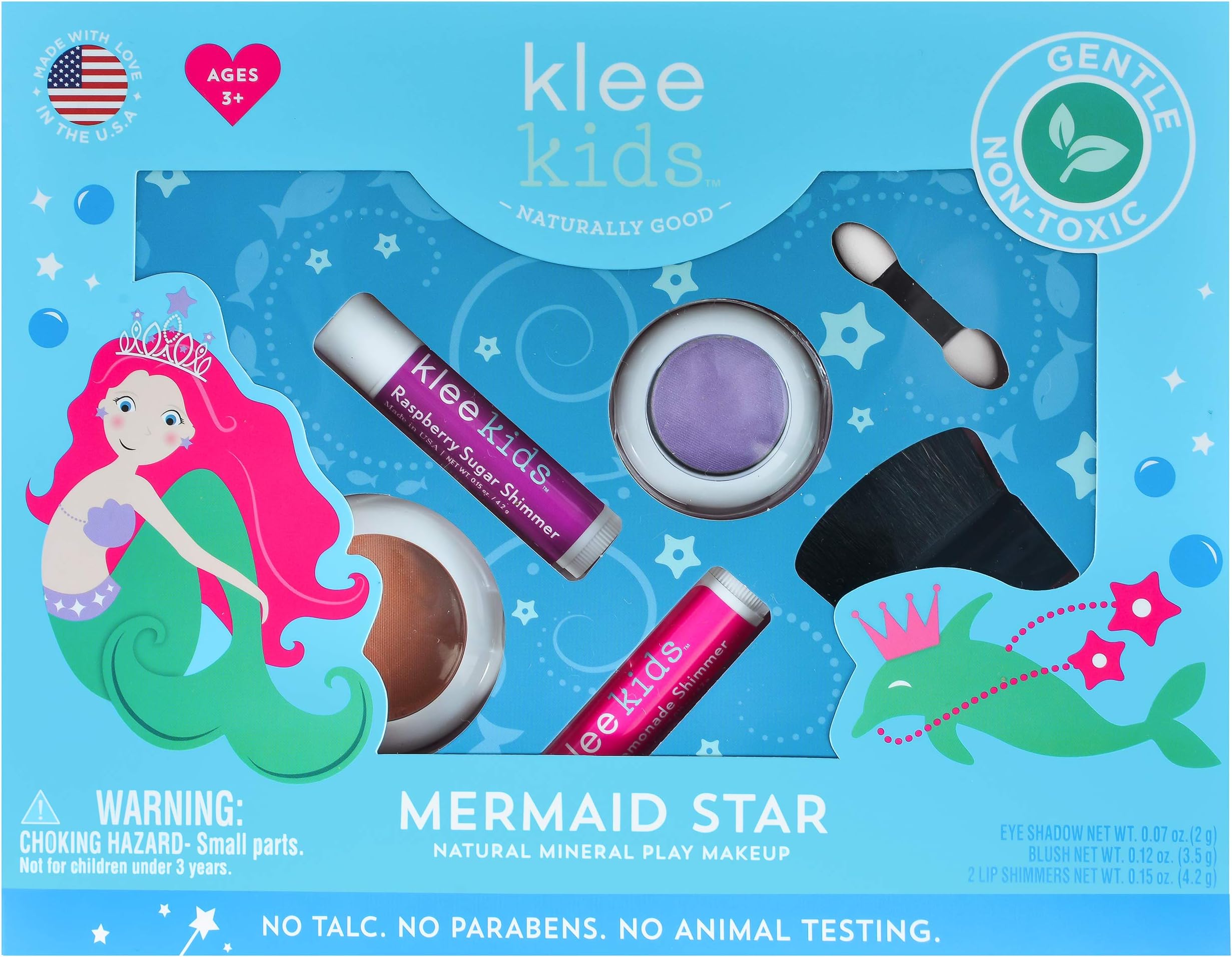 Mermaid Star - Klee Kids Natural Mineral Makeup 4 Piece Kit with Pressed Powder Compacts. Non-Toxic. Made in USA.