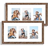 Hongkee 10x20 Picture Frame Set of 2, Rustic Brown Wood Frame with Real Glass Collage Frame, Display Pictures Three 5x7 With Mat or 10 x 20 Without Mat - Horizontal or Vertical Wall Mounting