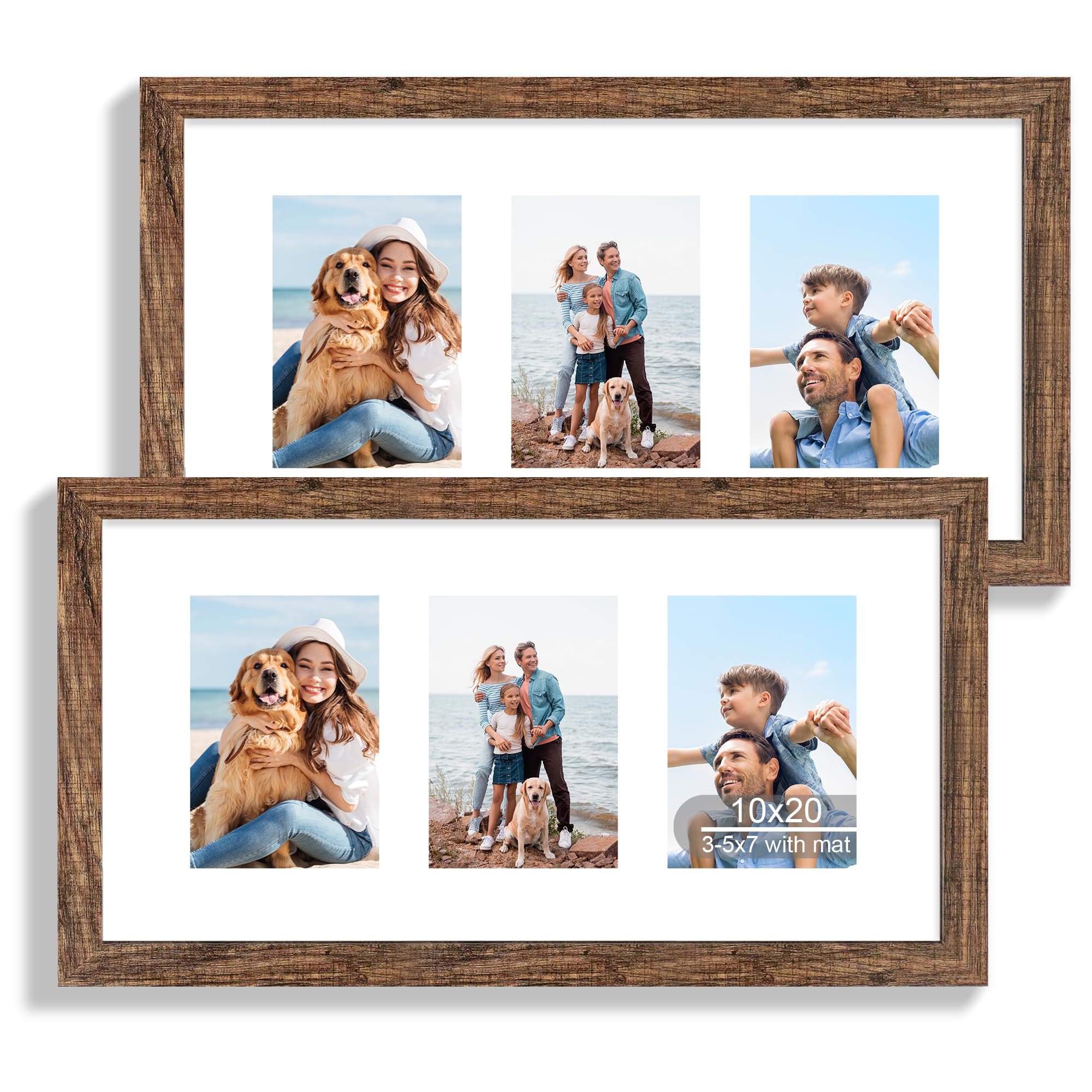 Photo 1 of Hongkee 10x20 Picture Frame, Rustic Brown Wood Frame with Tempered Glass Collage Frame, Display Pictures Three 5x7 With Mat or 10 x 20 Without Mat - Horizontal or Vertical Wall Mounting