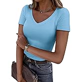 PRETTYGARDEN Women 2026 Spring Tops Trendy Ribbed Short Sleeve V Neck Fitted Basic Tee Shirts Casual Going Out Summer Outfits