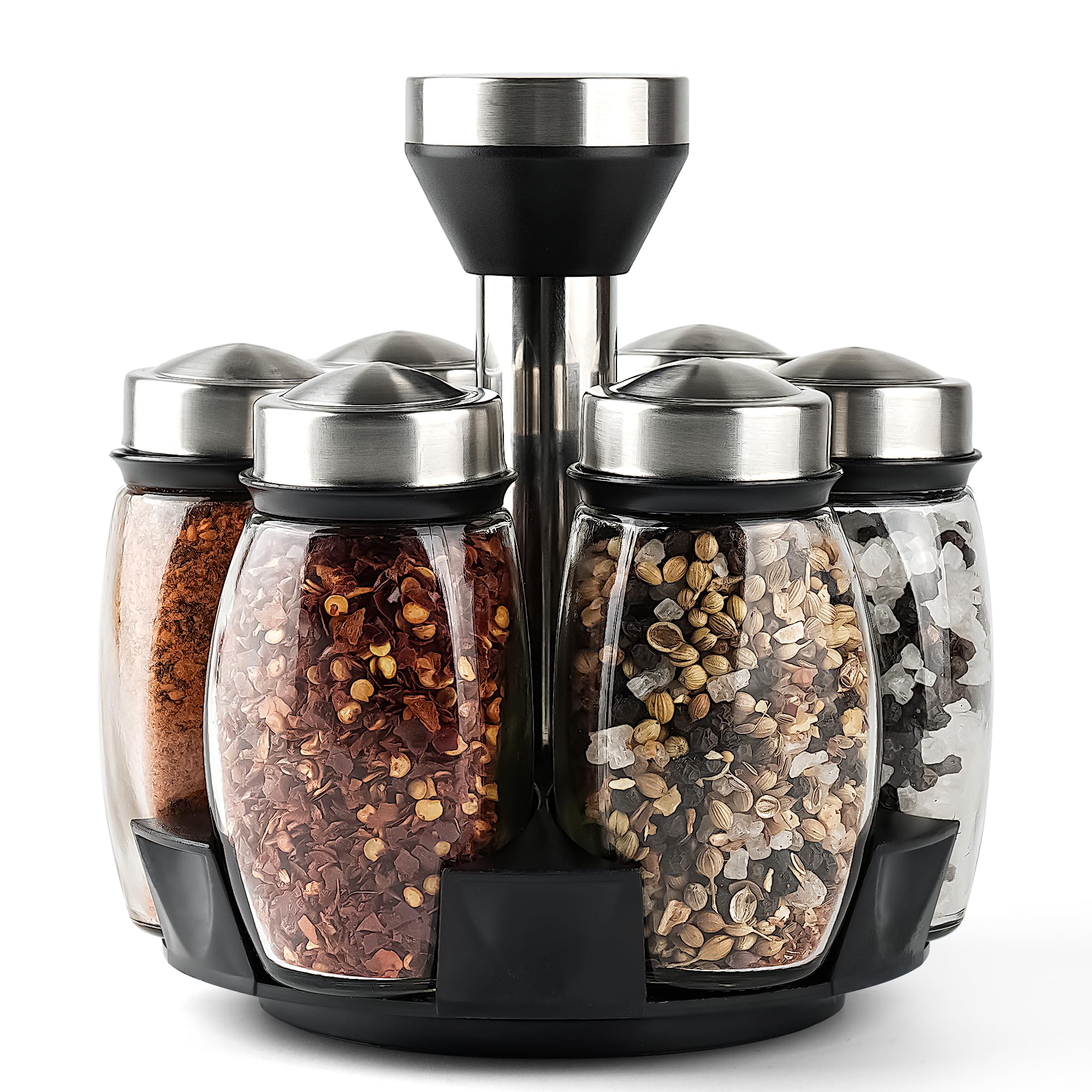 Photo 1 of Mlici 6PC Spinning Glass Spice Jars - 360° Rotating Spice Rack Organizer with Jars, Stainless Steel Revolving Seasoning Holder Jars for Countertop Cabinet Kitchen Spices Cruets