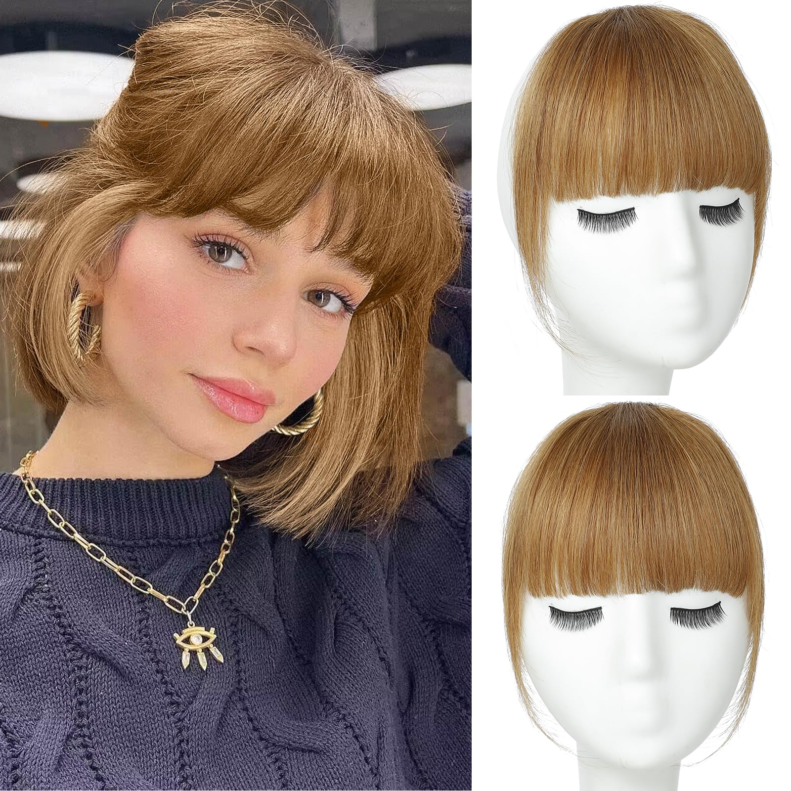 Photo 1 of Cesomeey Clip in Bangs 100% Real Human Hair, French Bangs Hair Clip, Fake Bang Fringe with Temples Hairpieces for Women Daily Wear (Light Brown, French Bangs)