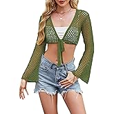 Women Bell Long Sleeve Crochet Top Tie Front Cropped Cardigan Hollow Out Knit Bolero Shrug