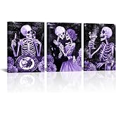 FuShvre Gothic Wall Art Skeleton Pictures Painting Canvas Purple Moody Romantic Home Kitchen Restaurant Wall Decor Framed 12x16 inches each (Purple)