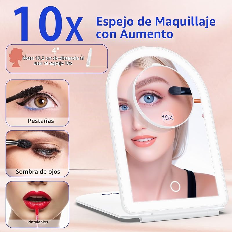 Espejo Maquillaje con Luz 1X/10X, Espejo Aumento con 3 Luces de Color, Control Táctil, Recargable Portátil Espejo para Dormitorio y Baño