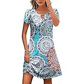HOTOUCH Women's Casual A-Line Dress with Pockets Summer Beach Floral Tshirt Dress Short Sleeve Mini Dress Flowy Sundresses