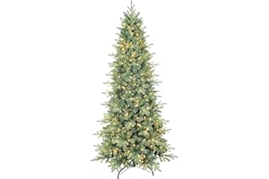 CLOUFAIRY 6 FT Prelit Artificial Skinny Christmas Tree,Blue Spruce Slim Pencil Xmas Tree with 1205 PE&PVC Mixed Branch Tips and 300 UL Listed Clear Lights,Hinged Pine Tree with Metal Stand for Home Office Décor