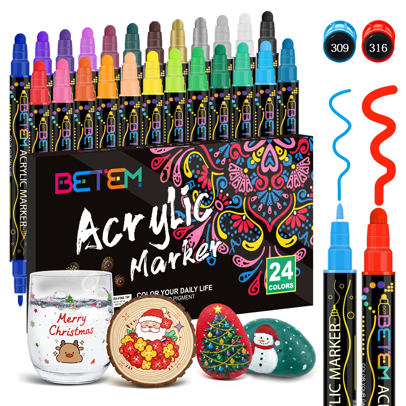 Betem 24 Colors Dual Tip Acrylic Paint Pens Markers, Premium Acrylic Paint Markers Stocking Stuffers for Rock, Wood, Fabric, Glass, Canvas, Ceramic, Christmas Gifts for Teens DIY Crafts Art Supplies