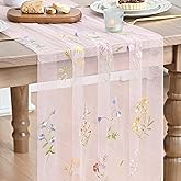 Artoid Mode Floral Light Pink Gauze Embroidery Table Runner 120 Inch 10FT | Wildflower Tulle Seasonal Spring Kitchen Dining Table Decor for Home Party