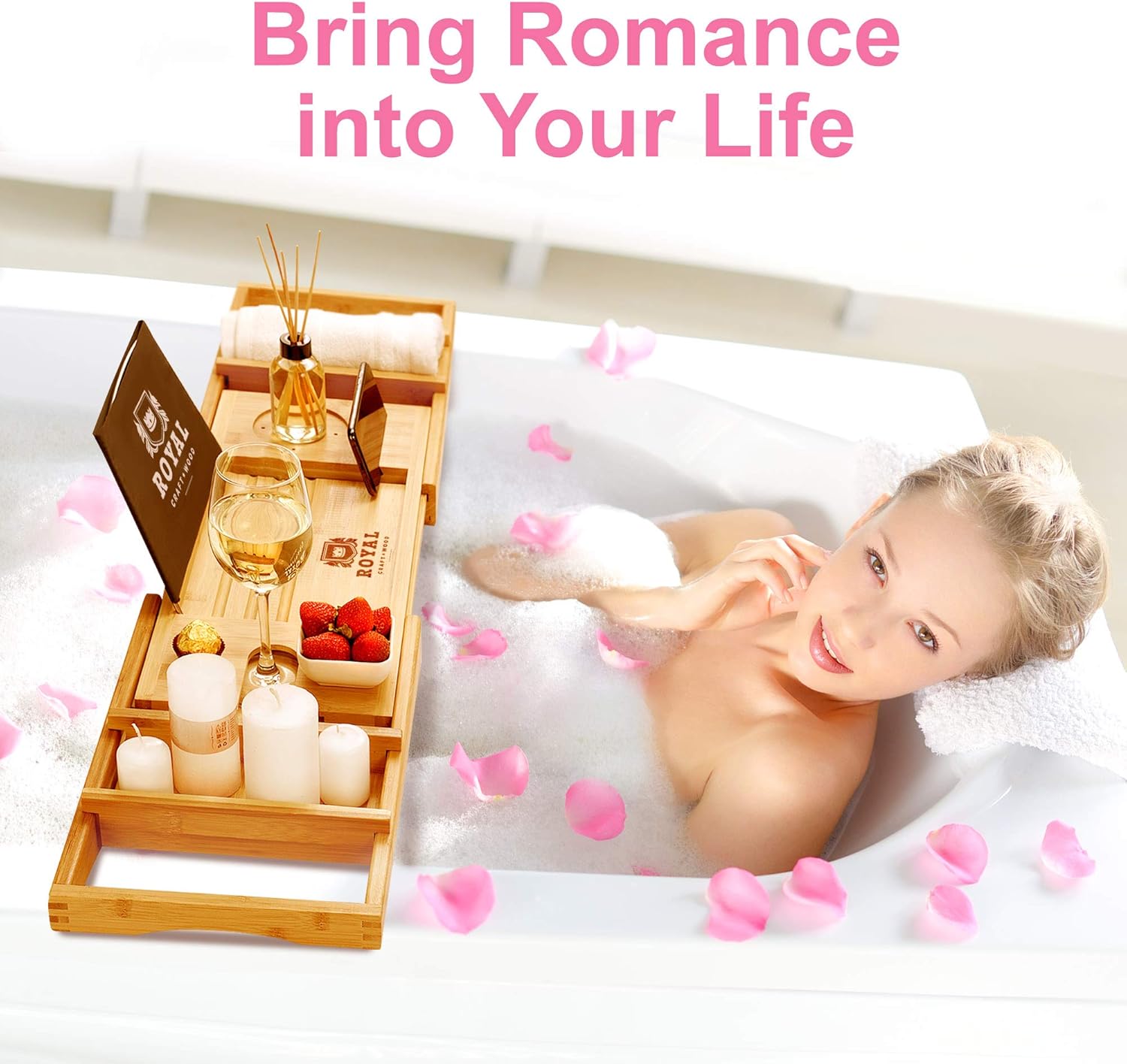 ROYAL CRAFT WOOD Luxury Bathtub Caddy Tray, One or Two Person Bath and Bed Tray, Bonus Free Soap Holder (Natural): Home & Kitchen