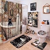 FuWeave 8 Pcs Halloween Bathroom Decor Ghost Black Cat Shower Curtain Set | Vintage Floral Bathroom Accessories Include Non-slip Bath Mat, Toilet Lid Cover, Towels and 12 Hooks for Halloween Decor