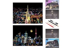 BOTEEN Scratch Rainbow Painting Art Paper,Scratch & Sketch Art for Kids & Adults,Scratch Painting Creative Gift Engraving Art & Craft Set,Sketch Pad DIY Scratchboard with 4 Tools,16''x11''(New York&Toronto)