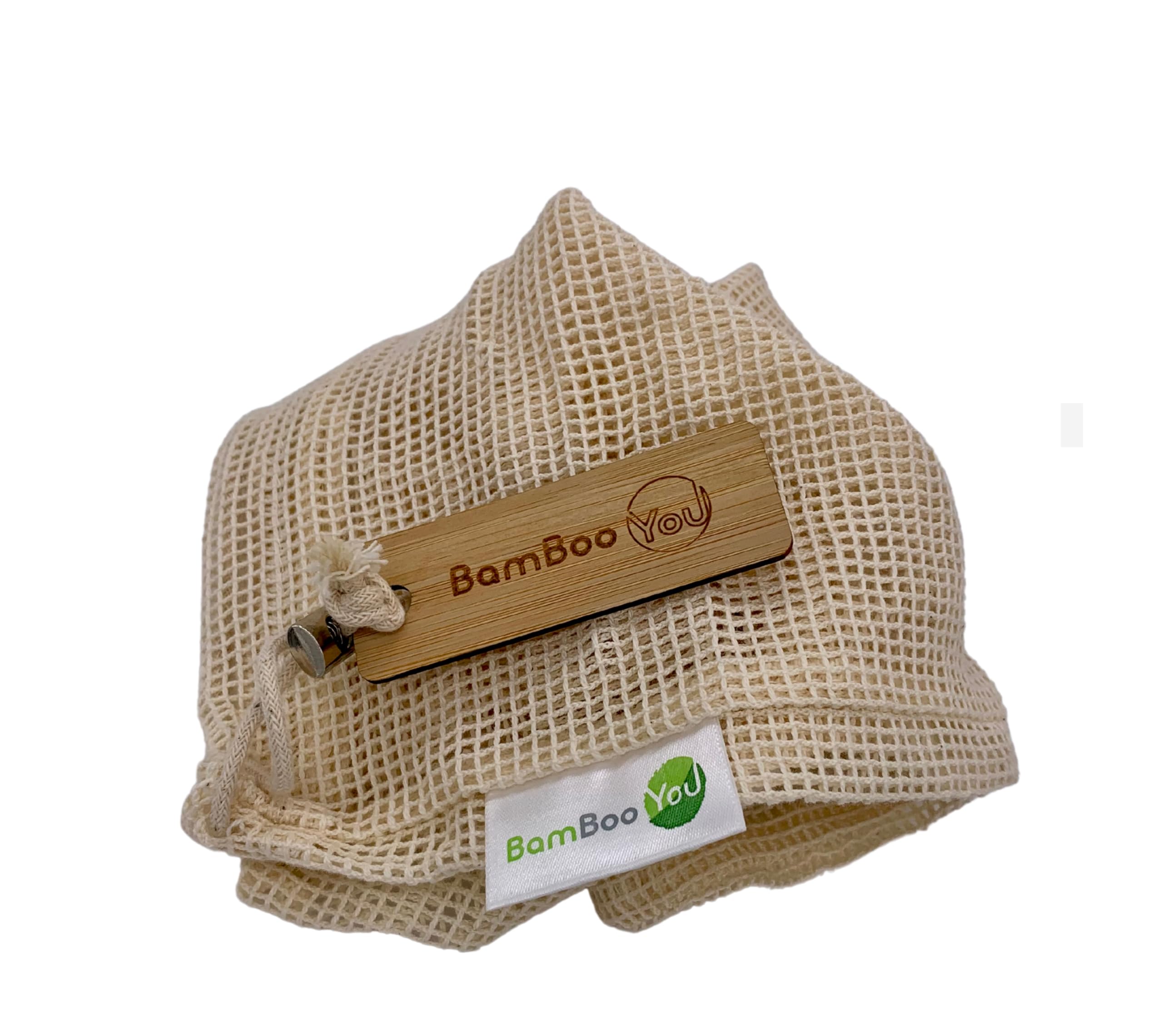 BamBoo-You Pack of 3 Reusable Cotton Muslin Bags with drawstring to keep your belongings safe an easy to use and wash mesh bags with bamboo tag (34cm x 31cm)