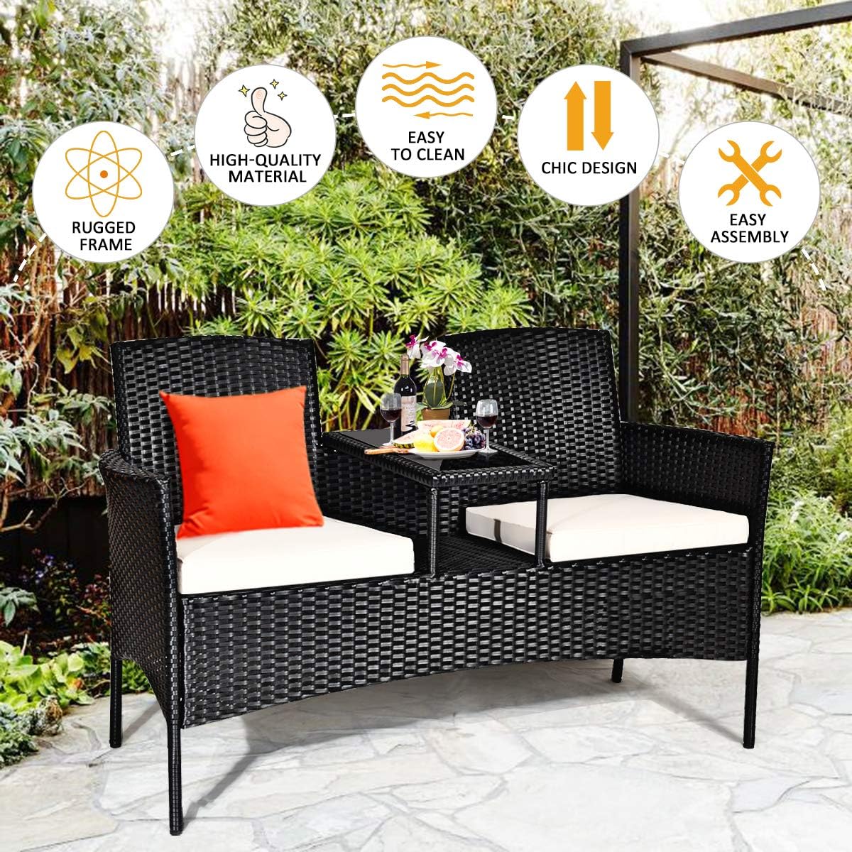 Tangkula Wicker Patio Conversation Furniture Set, Outdoor Furniture Set with Removable Cushions & Table, Tempered Glass Top, Modern Rattan Sofas Set for Garden Lawn Backyard (Black): Garden & Outdoor