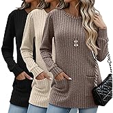 Sweetyweee 3 Pack Women's Long Sweaters with Pockets, Puff Long Sleeve Tunic Tops Crew Neck Ribbed Pullovers for Leggings