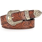UpFind Western Belts for Women Men Vintage Brown Cowboy Cowgirl Belt with Embosses Gold Pin Buckle for Jeans Dress, Suit Waist Size 26"-31"