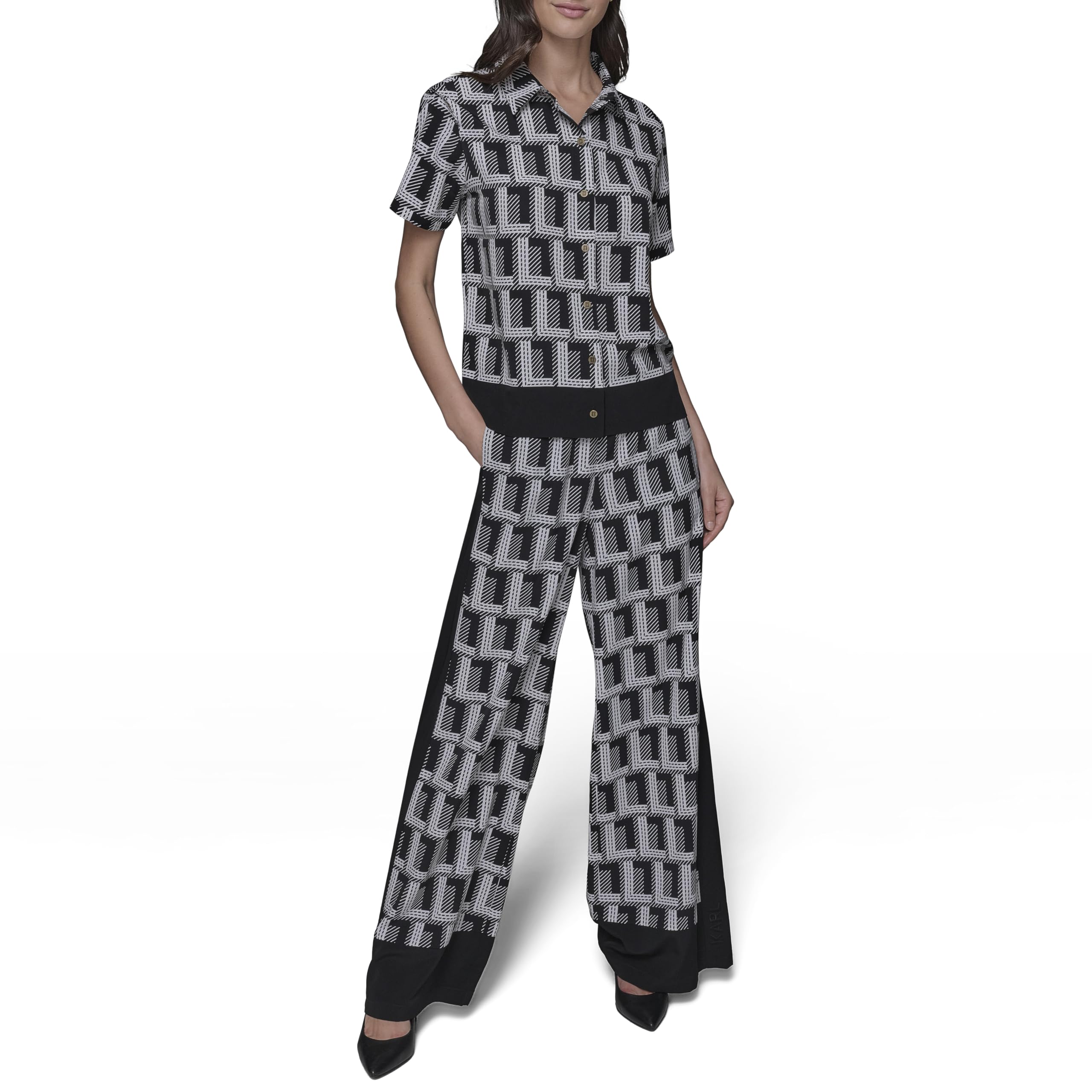 Photo 1 of KARL LAGERFELD Paris Women's Sportswear Button Down, Black/Soft White, Medium