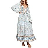 R.Vivimos Women's Long Sleeve Cotton V-Neck Button Up Floral Print Boho Flowy Midi Dresses