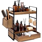 2-Tier Bathroom Counter Organizer with Drawer and Basket, Acacia Wood Countertop Organizer for Storage, Skincare Organizers for Vanity, Counter Shelf for Bathroom Organization(Acacia wood-Dark Brown)