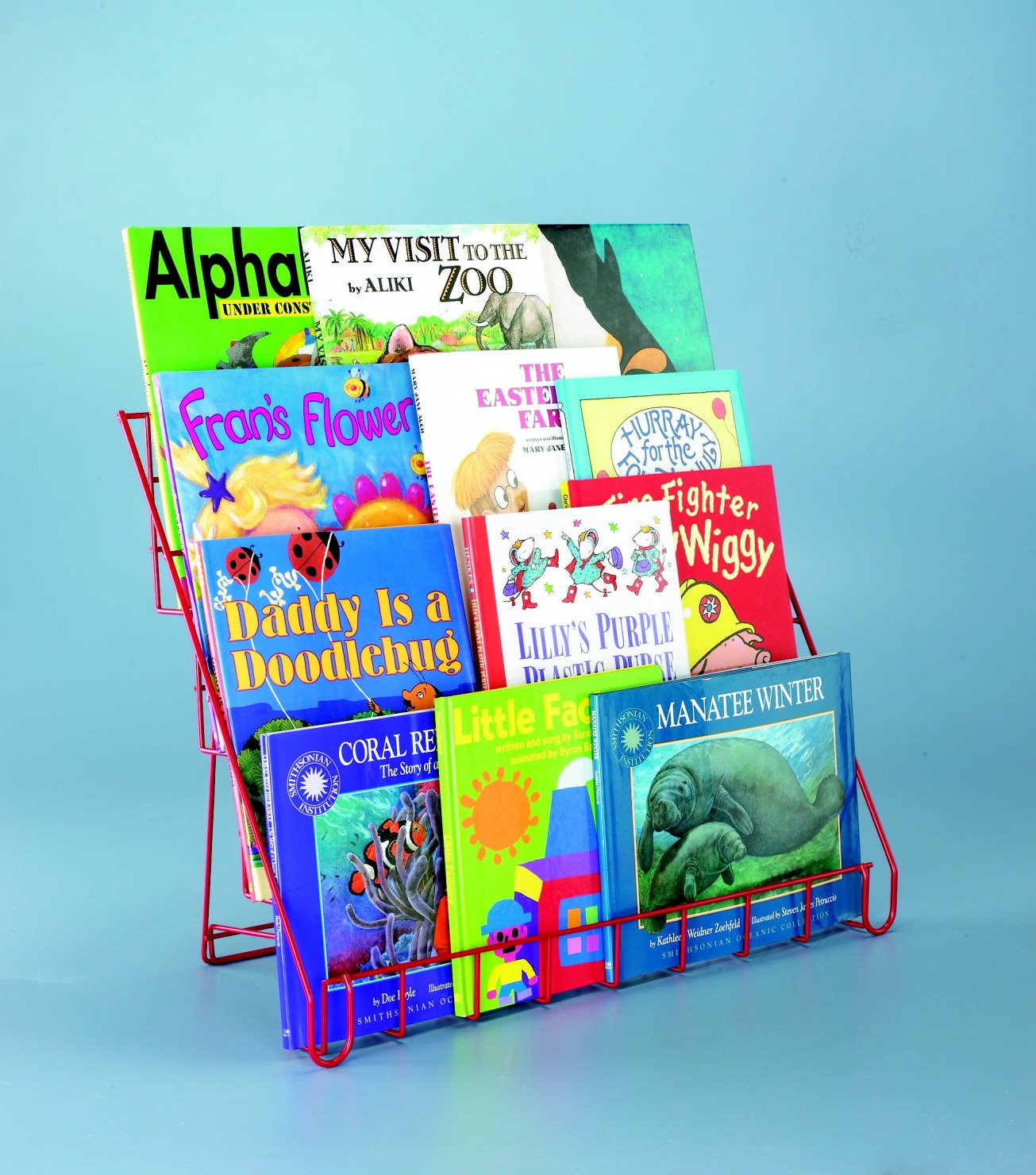 School Specialty Folding Metal Library Book Stand, 4Tier Shelves, Red