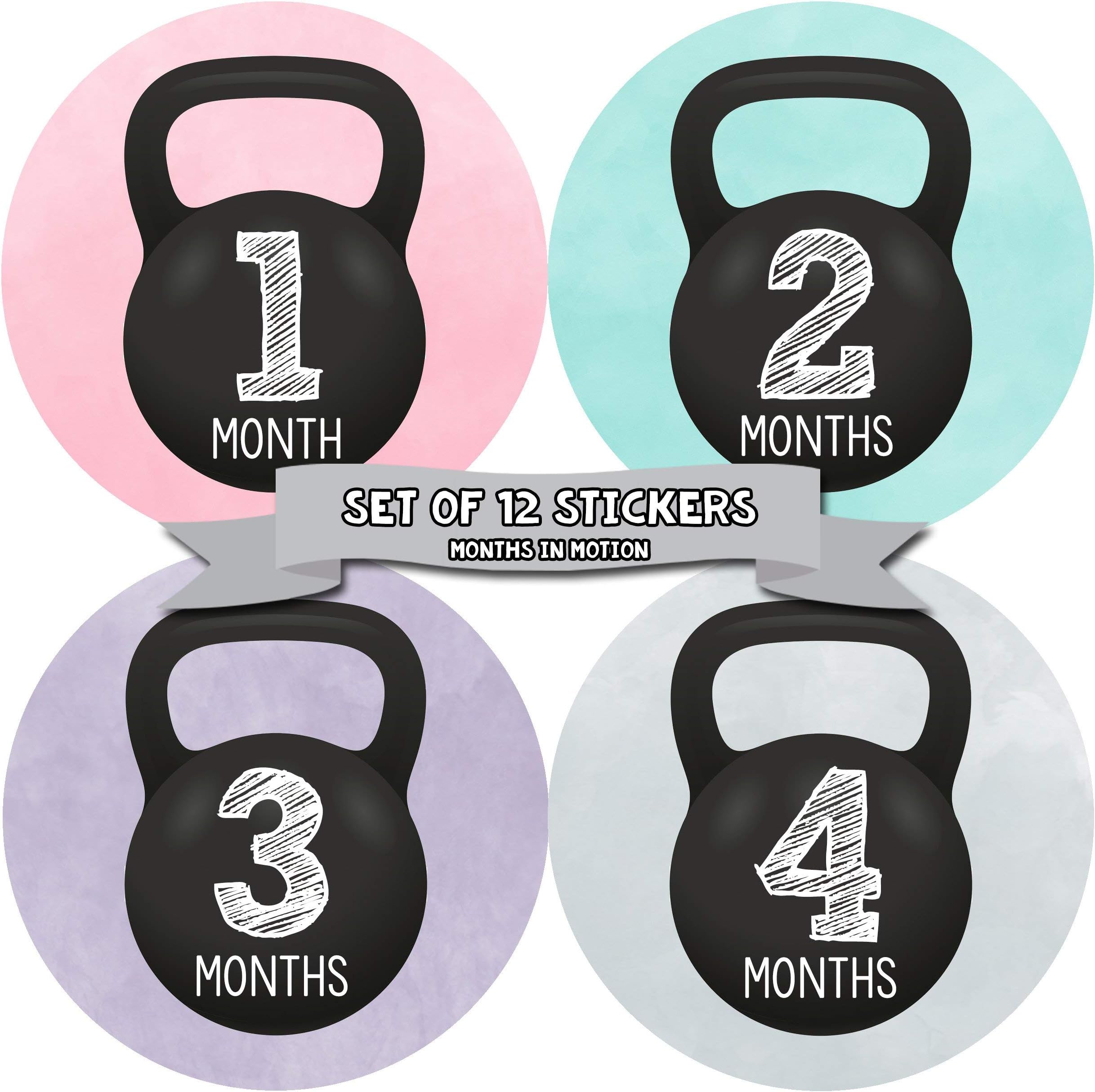Months In Motion Baby Monthly Milestone Stickers - First Year Set of Baby Girl Month Stickers for Photo Keepsakes - Shower Gift - Workout Kettebell Gym Crossfit