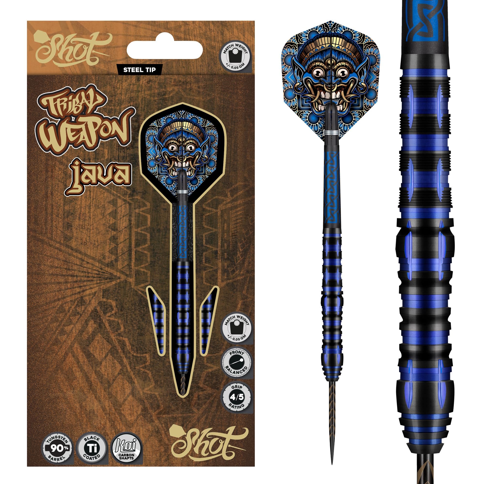 Shot! | Tribal Weapon Darts | Steel Tip Darts Set | 90% Tungsten | Java | Front Weighted | Professional Darts | Metal Tip Darts for Bristle Dartboard | Available in Multiple Weights (26, Grams)