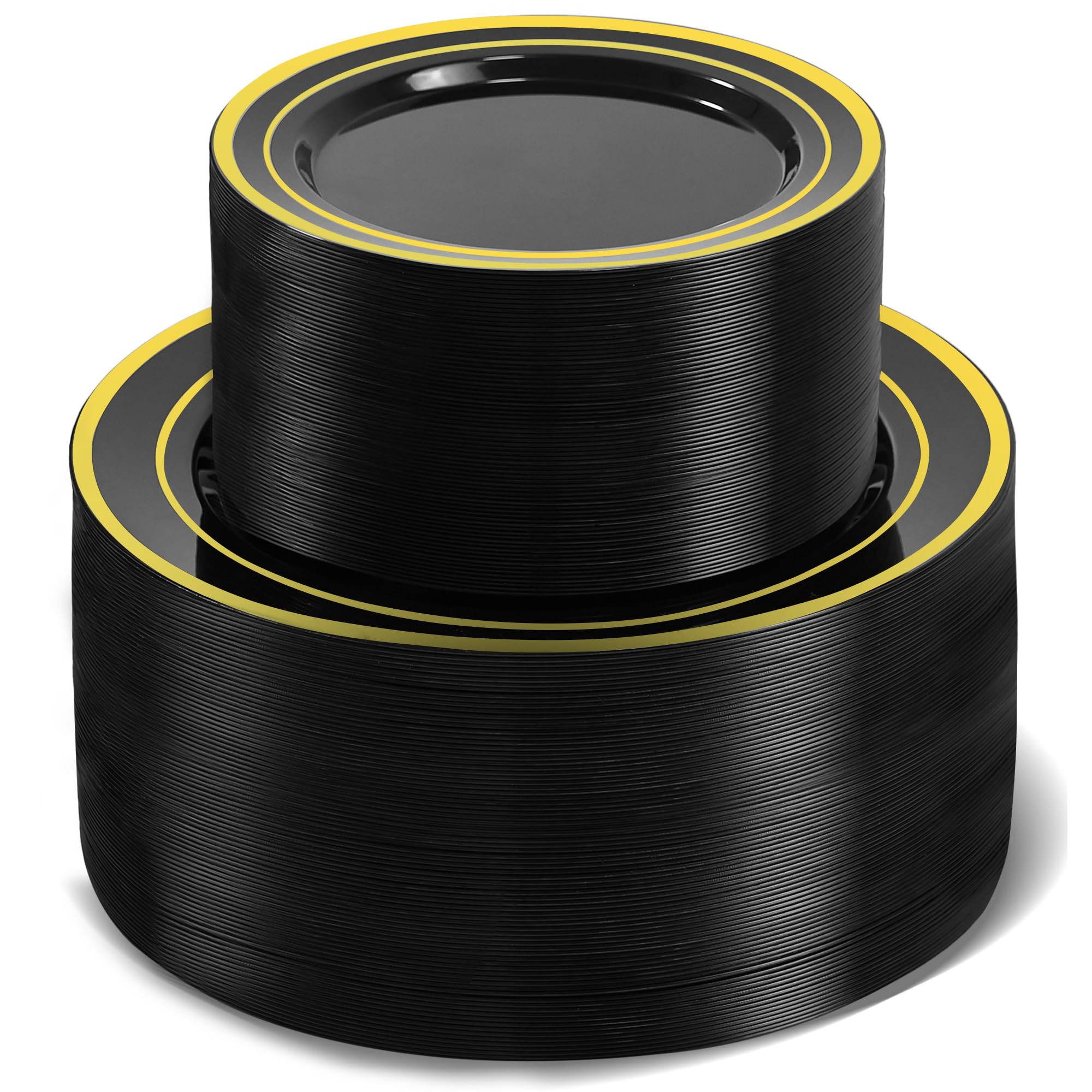Photo 1 of ROCOHANTI 200 PCS Black and Gold Plastic Plates, Party Black Disposable Plates Include 100 10 inch Dinner Plate and 100 7 inch Dessert Plate,black gold rim plates Perfect for Party & Wedding