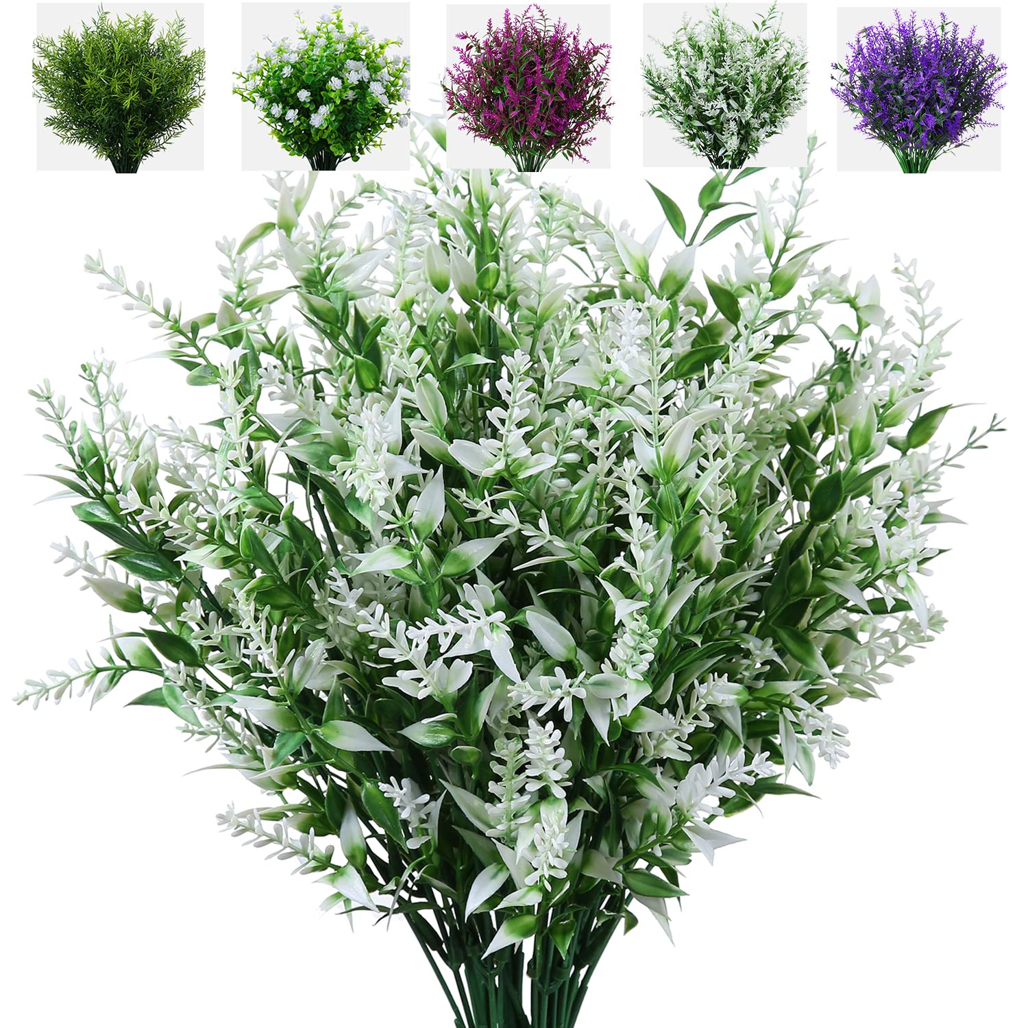 XLFAQXM 8 Pack Artificial Plants Flowers Grass Shrubs No Fade Faux Plastic Flowers Outdoor for Vases Farmhouse Garden Porch Patio Office Indoor Wedding Decoration Greenery Fake Plants (5#White)
