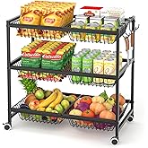 3-Tier Rolling Pantry Floor Organizer Cart with 6 Detachable Baskets, Metal Wire Fruit Basket Stand with Wheels, Kitchen Storage Cart for Fruit Vegetables, Snack Cart for Pantry Kitchen Living Room
