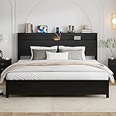 PAUKIN King Size Bed Frame with Headboard, Rustic Farmhouse Wood Bed Frame with LED Lights and Charging Station, Easy Assembly, No Box Spring Needed (Black, King)