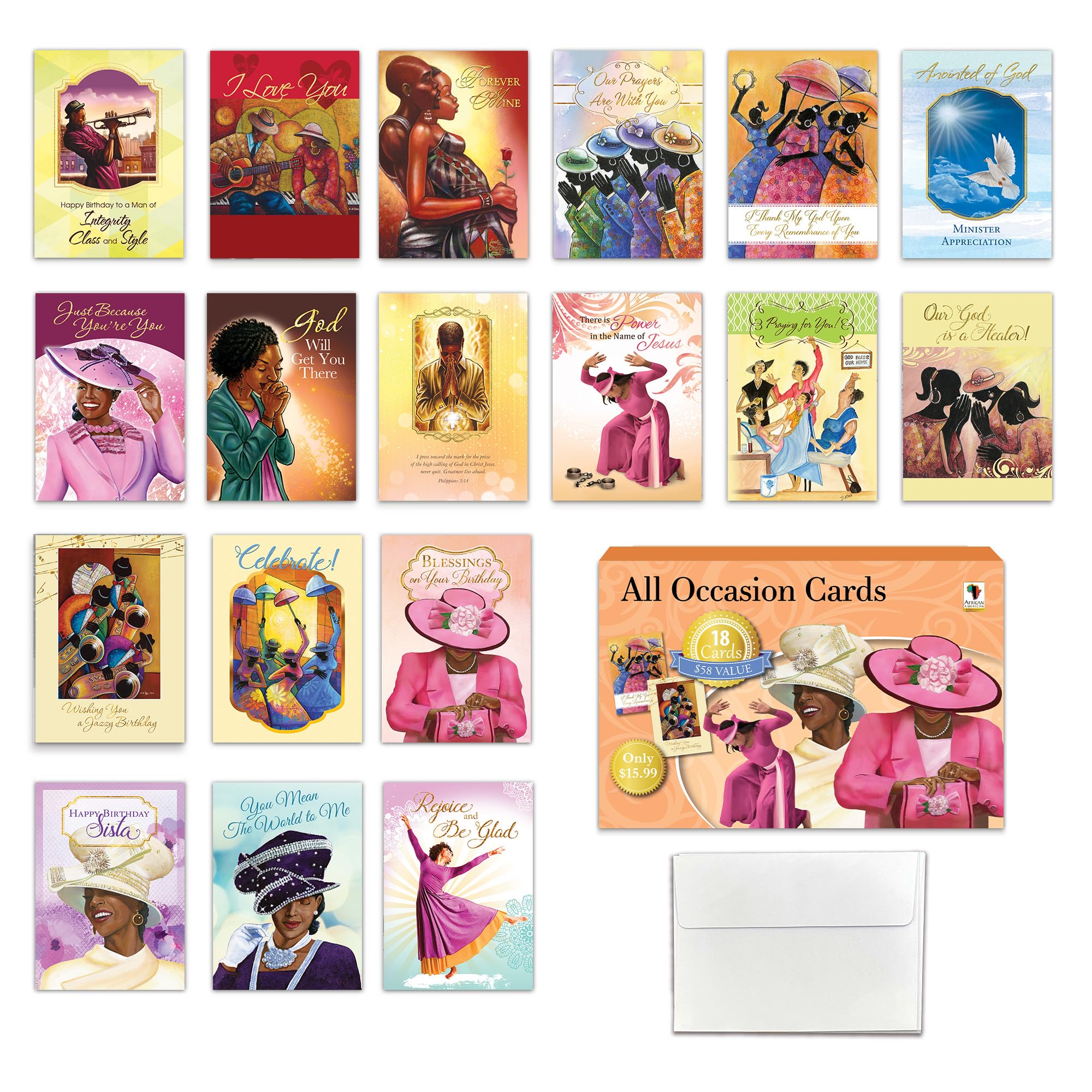 African American Christian Greeting Cards Assortment – Set of 18 Inspirational Cards with Envelopes – Birthday, Encouragement, Get Well, Sympathy & More – Faith-Based Black Greeting Cards for All