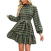 CUPSHE Women's Mini Dress High Neck Plaid Long Sleeve Belted Ruffled Hem Short Dresses