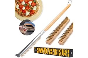 OUII 26'' Pizza Oven Brush with Stone Scraper - Includes 3 Brush Heads, Heat-Resistant Gold Stainless Steel Bristles - Long Grip Handle, Compatible with Ooni, Gozney, Blackstone, Solo Stove Ovens