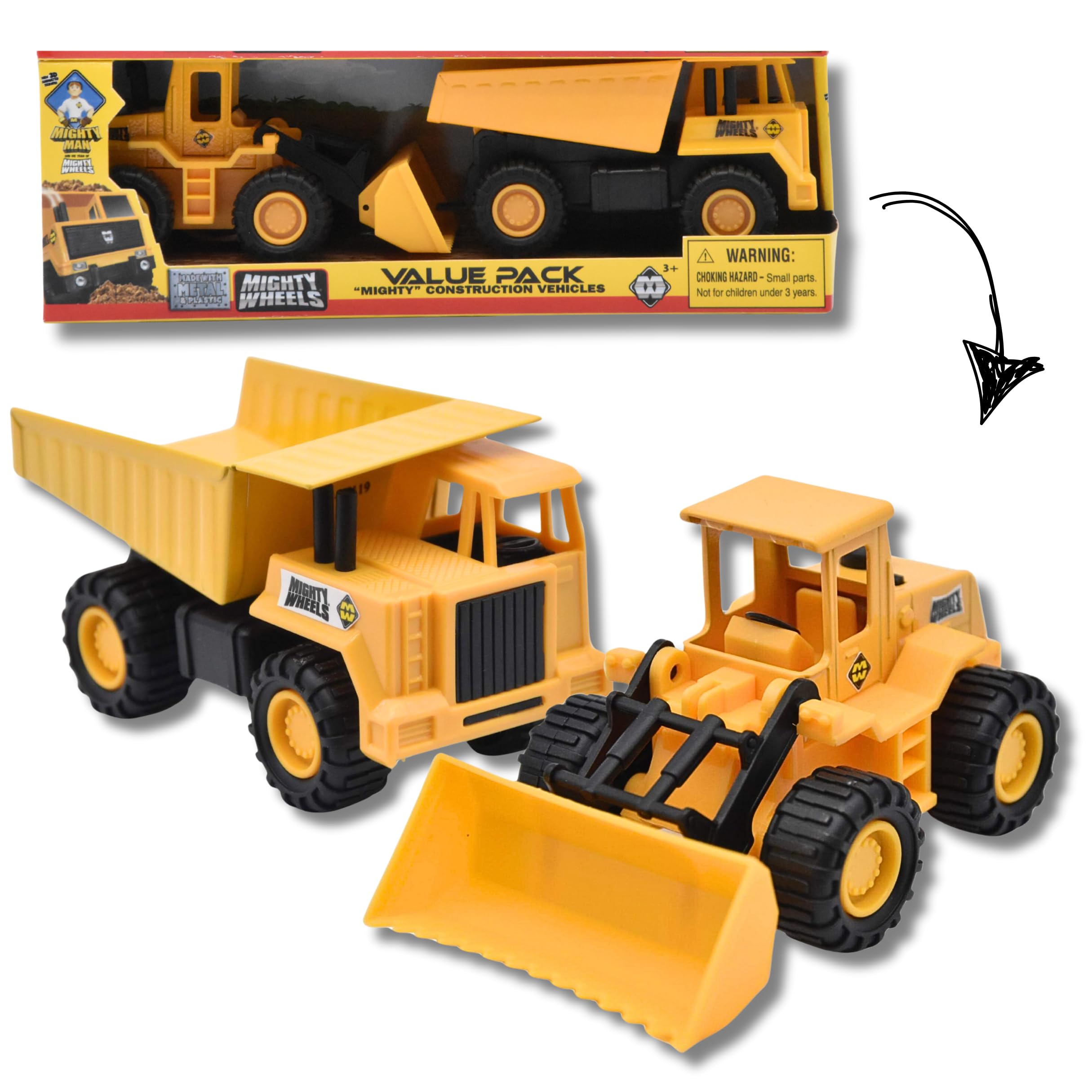 Mighty Wheels Steel Twin Pack of 4.75" Truck Toys - 1 x Dump Truck, 1 x Front Loader - Construction Toys for 3+ Year Old Boys and Girls — image 1