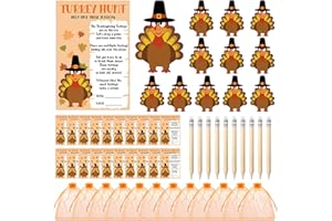 Soaoo Thanksgiving Games for Adult Turkey Hunt Game Included 25 Game Cards 50 Wooden Turkeys 20 HB Pencils and 25 Organza Bags Thanksgiving Party Favors for Family Kid Fall Party