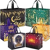 AhfuLife 6 PCS Eid Mubarak Gift Bags, 2 Sizes Eid Tote Bag with Handles, Ramadan Party Bags, Includes 2 Large and 4 Medium Non-Woven Bag for Ramadan Kareem Party Supplies