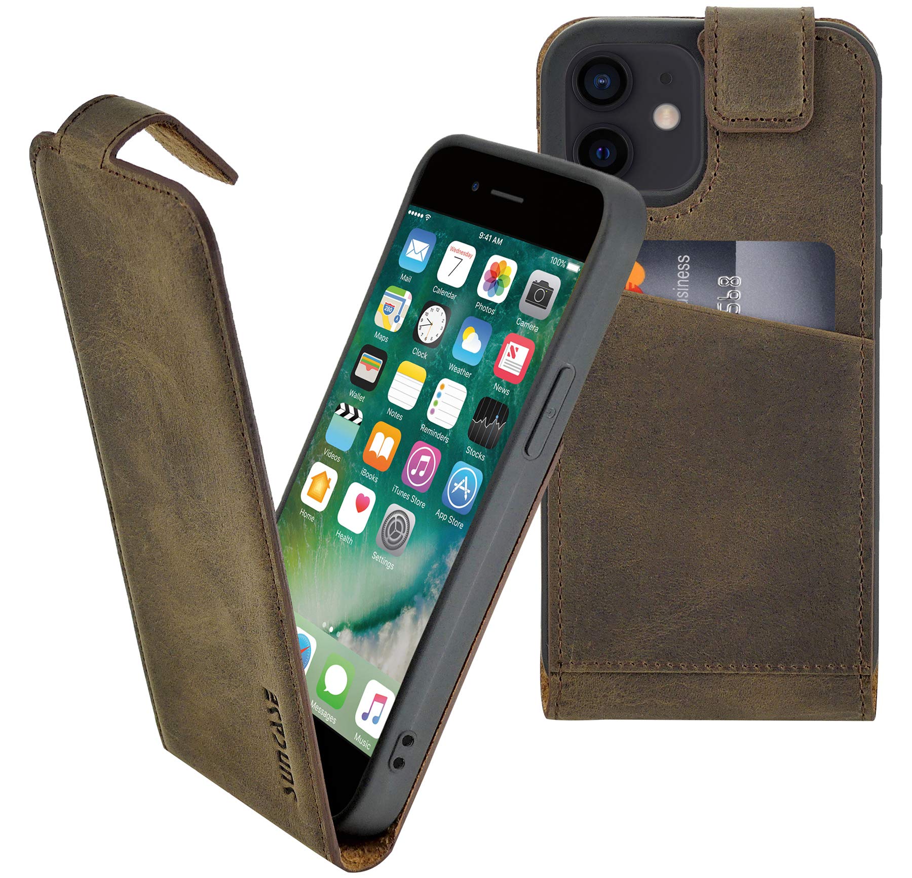 Suncase Original Flip-Style (Ultra Slim) Compatible with iPhone 12 (6.1 Inch) Leather Case Protective Cover Case in Antique Brown