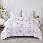 Yogeneg Gold Metallic Marble King Size Comforter Set,7 Piece Bed in a Bag,Foil Print Glitter White Comforter and Sheet Set,All Season Soft Microfiber Complete Bedding Sets(White,King)