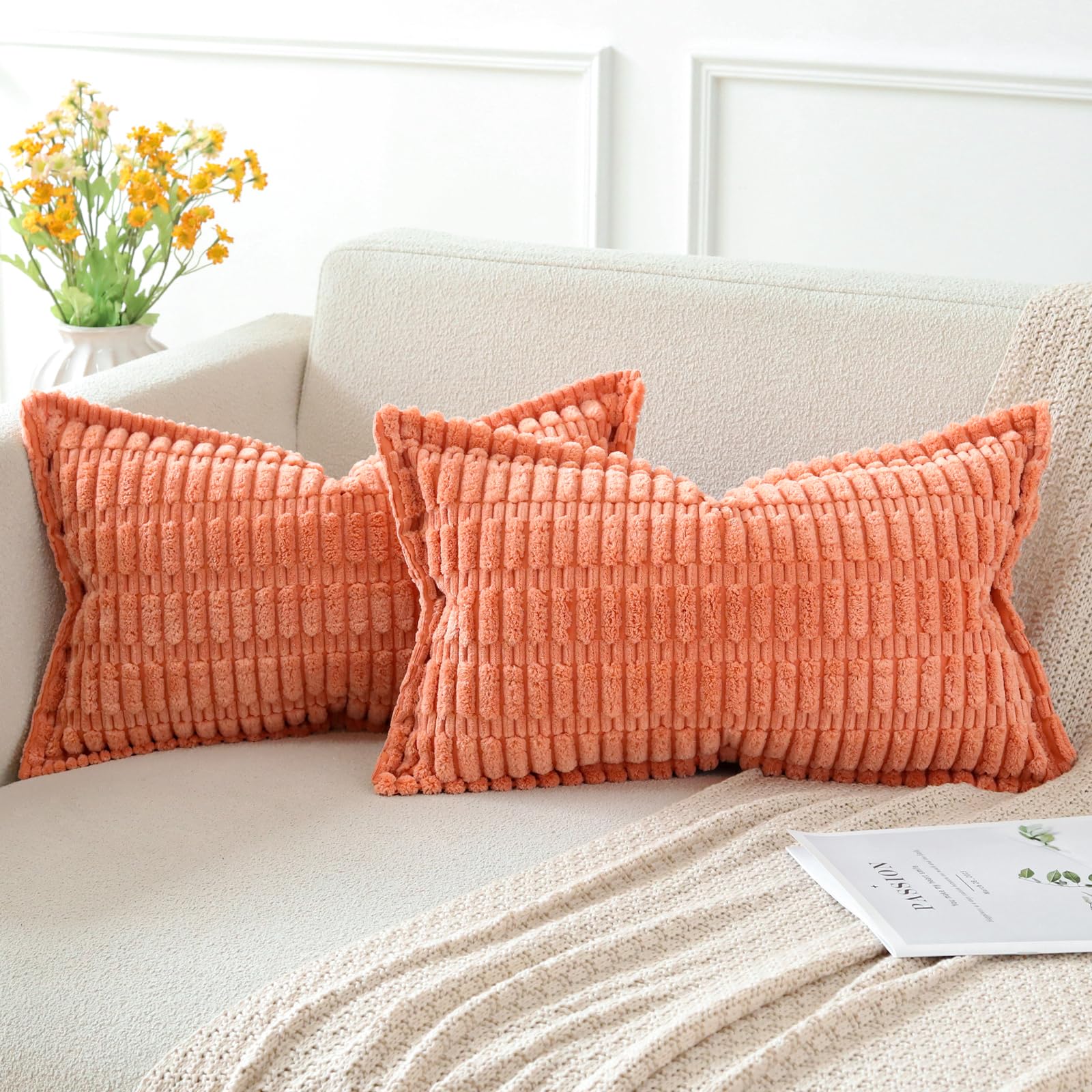 Artscope Coral Cushion Covers Set of 2 Corduroy Decorative Square Striped Pillowcase with Stitched Edge Pillow Covers 30x50cm for Home Decor Sofa Bedroom Car — image 1
