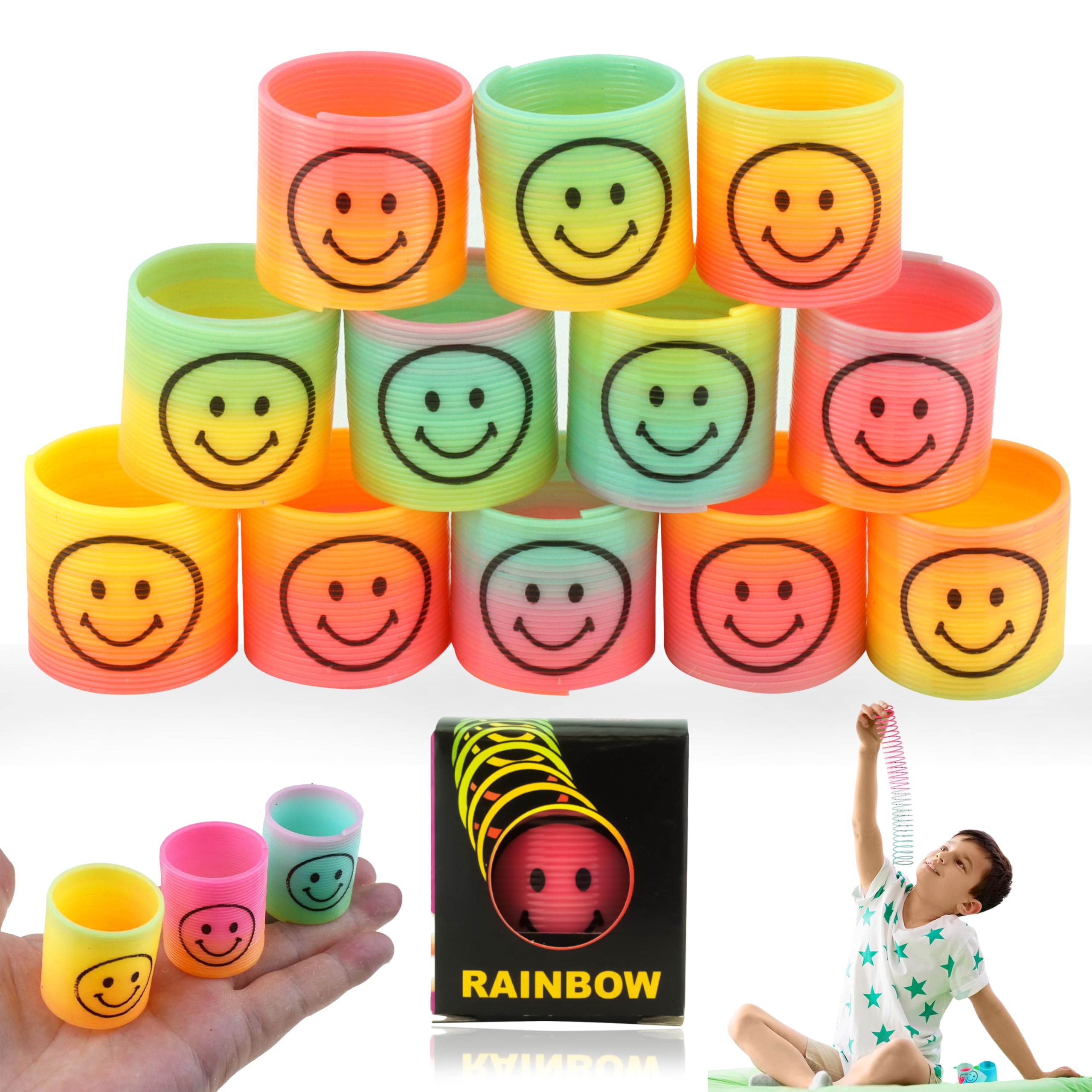 HOVUK 12x Mini Rainbow Springs Toys - Party Bag Fillers, Smiley Face Fidget Toys, Bulk Pinata Party Favours, Classroom Prizes, Stocking Fillers for Kids Boys & Girls