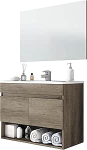 Miroytengo Mueble de Aseo con Espejo Mueble de baño Colgante Moderno 1 Compartimento Abierto 2 Puertas 80x45x64 cm con LAVAMANOS CERÁMICO