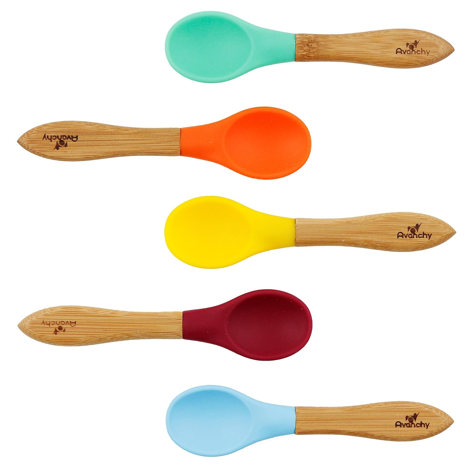 Avanchy Baby Feeding Spoon Set Organic Bamboo Handle And Gum Friendly Soft Silicone Tip 5 Pack Assorted Colors