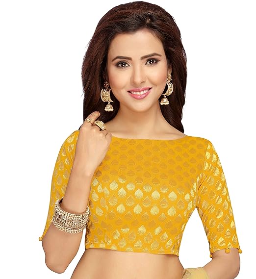 Yellow Benaras Brocade Readymade Saree Blouse With Elbow Length Sleeves