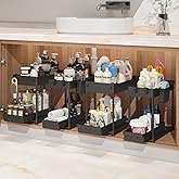 Sevenblue 4 Pack Under Sink Organizer, Bathroom Organizers and Storage, 2 Tier Multi-Use Pull Out Cabinet Organizer with Hang Hooks and Cups (Black, 4 Pack)